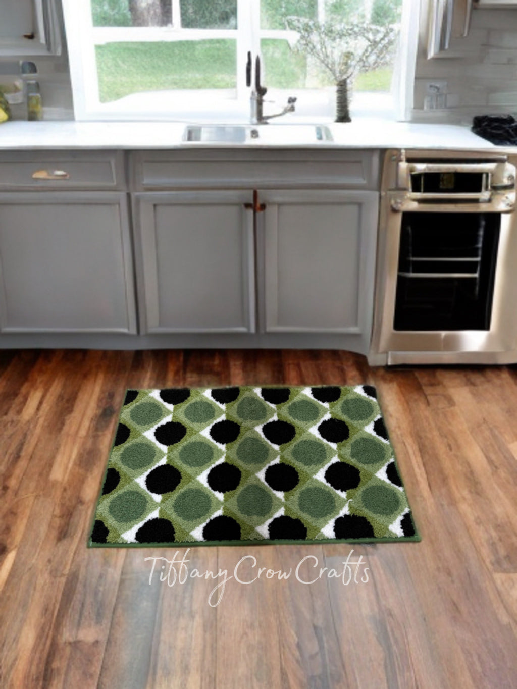 MID CENTURY GEOMETRIC KITCHEN MAT - OLIVE & OBSIDIAN POLKA DOT RUG (60x80cm)
