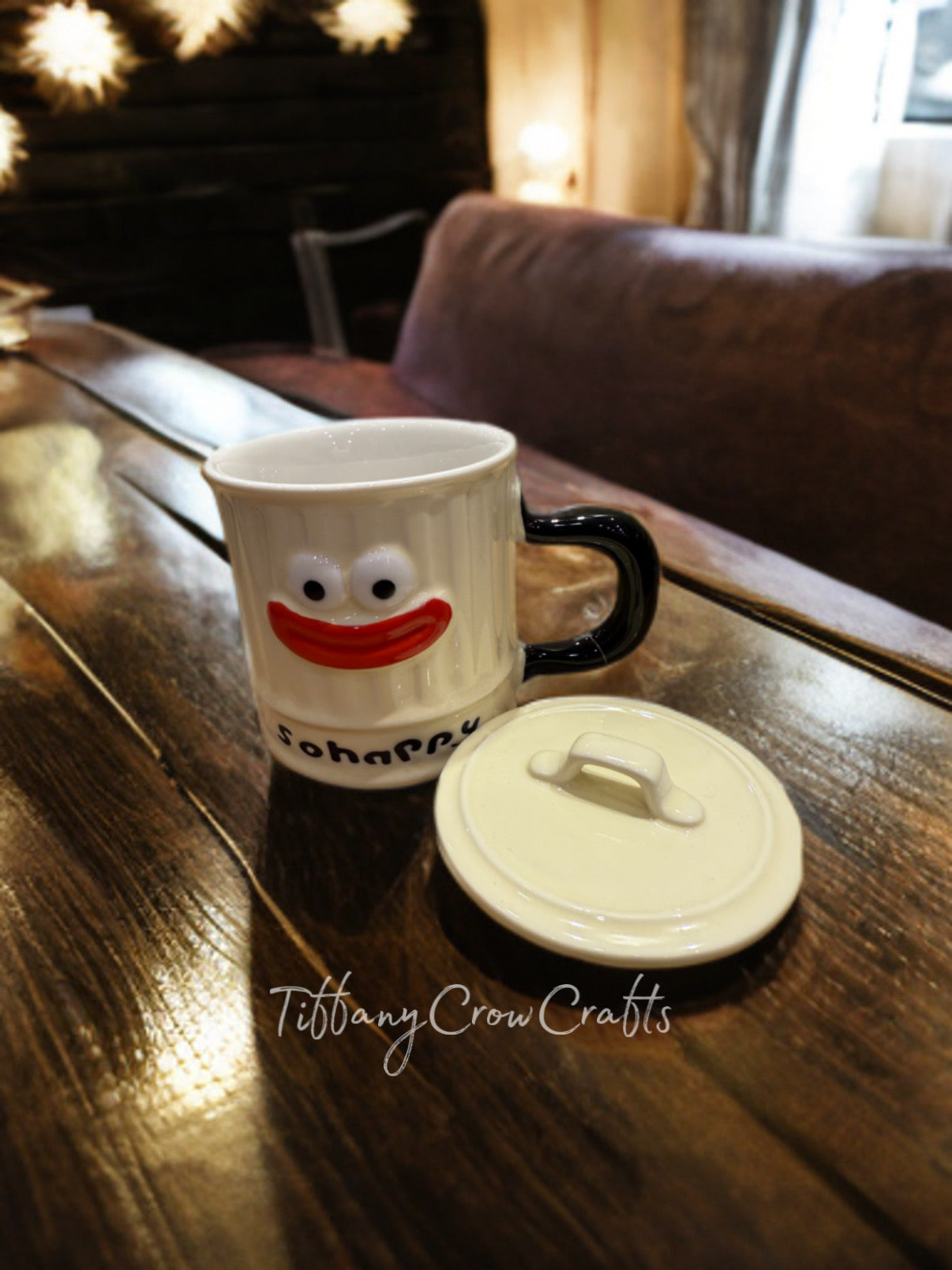 SMILEY QUIRKY CERAMIC MUG & LID SET (Green/Pink/Cream)