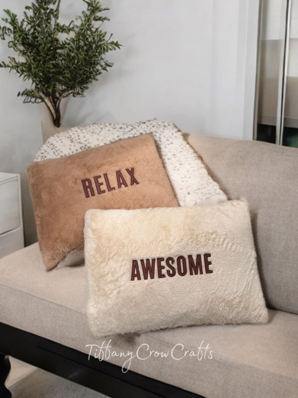 COZY LUXE FAUX FUR THROW PILLOWS - “RELAX or AWESOME”