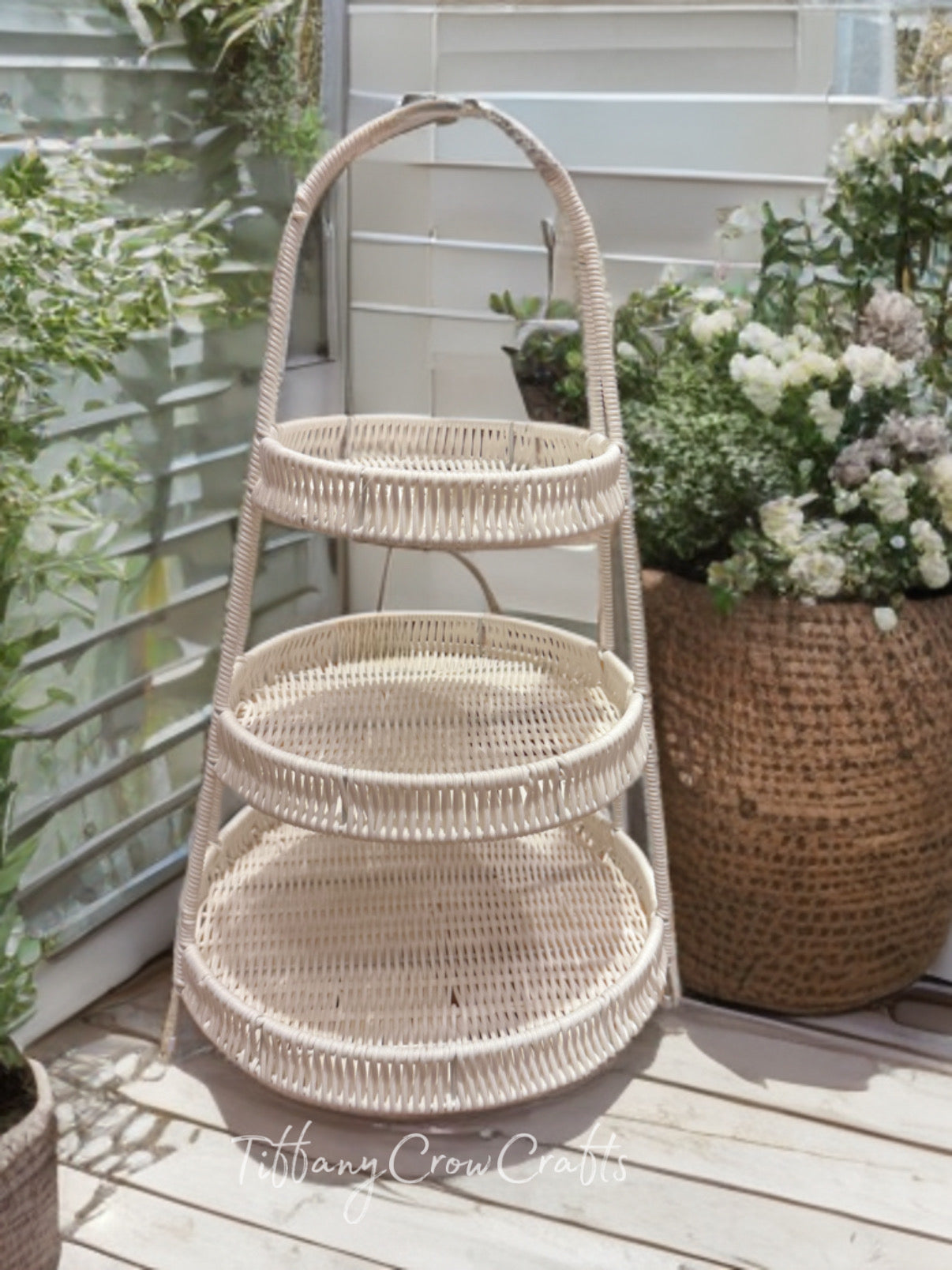 WHITE RATTAN 3-TIER BASKET STAND