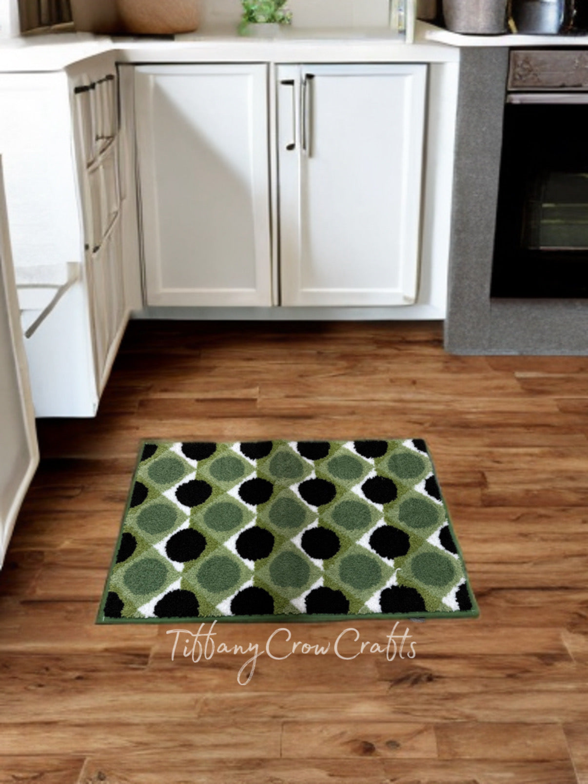 MID CENTURY GEOMETRIC KITCHEN MAT - OLIVE & OBSIDIAN POLKA DOT RUG (60x80cm)