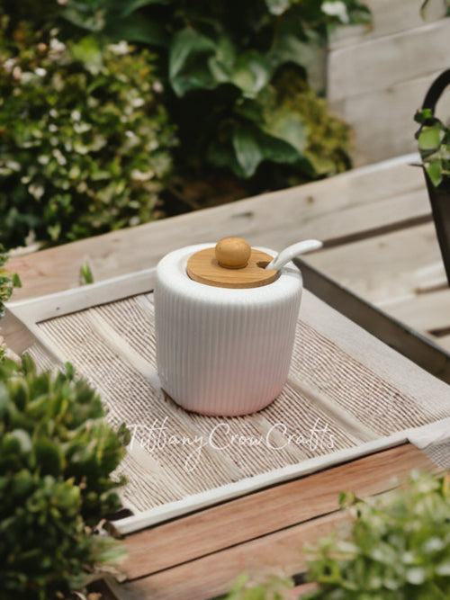 ARTISAN RIBBED CERAMIC SPICE SET ROTATING BAMBOO & PORCELAIN SEASONING
