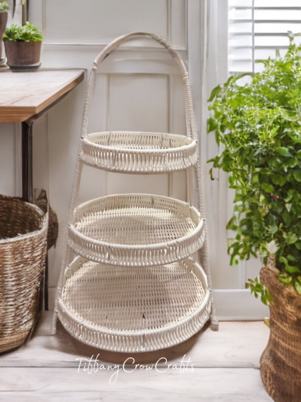WHITE RATTAN 3-TIER BASKET STAND