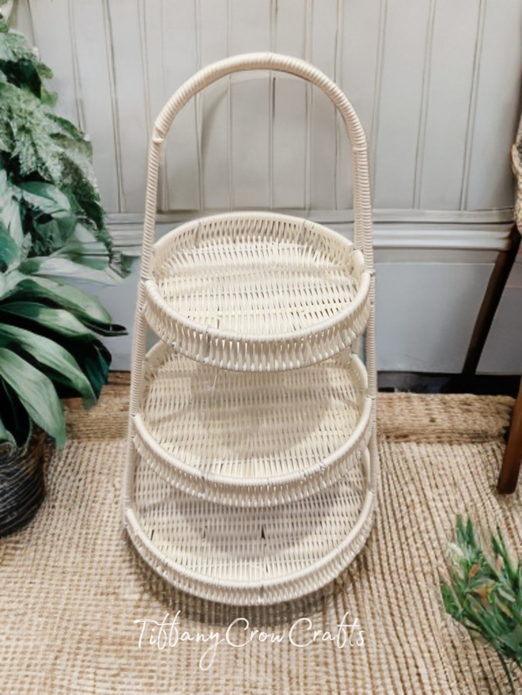 WHITE RATTAN 3-TIER BASKET STAND