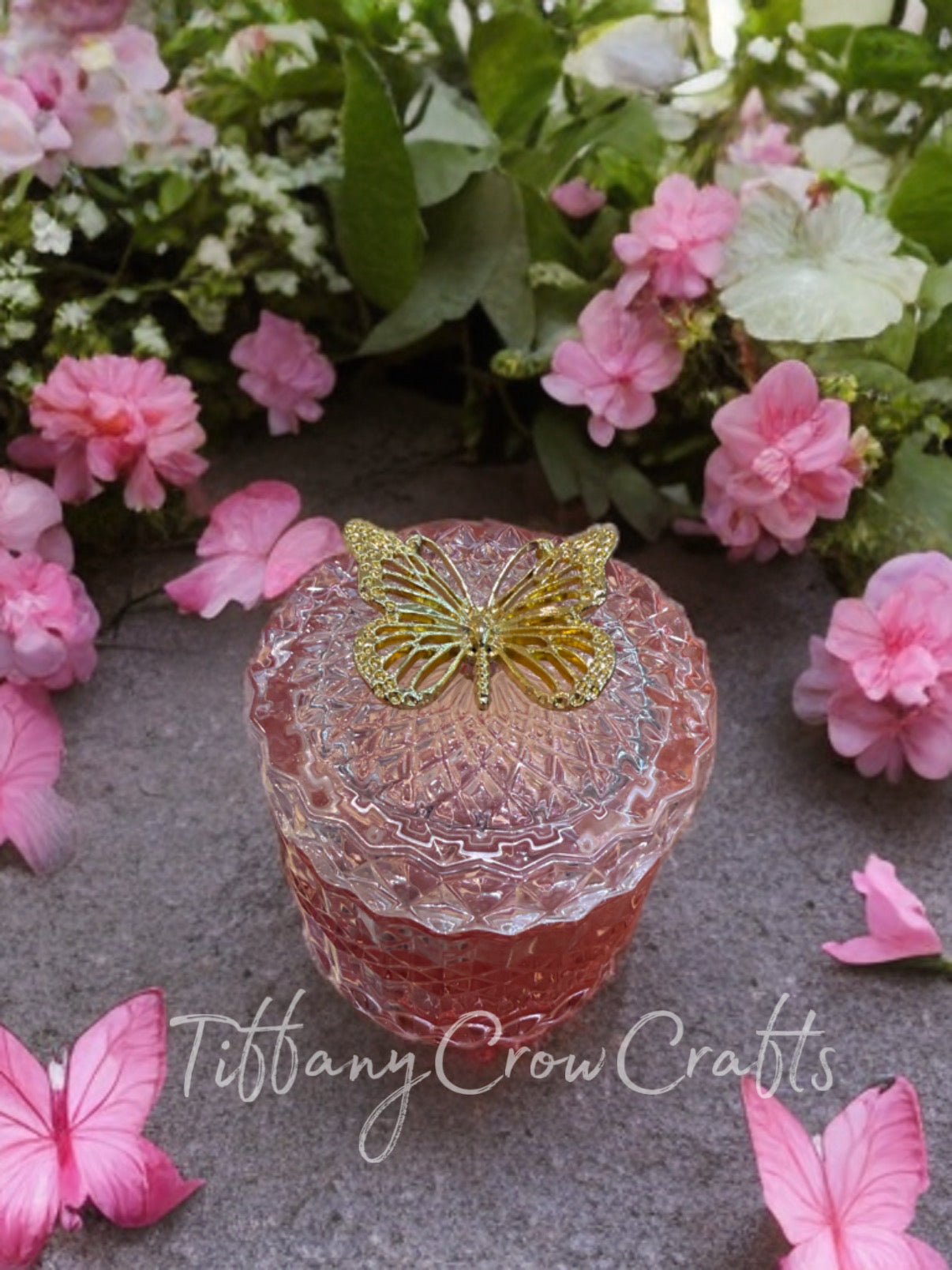 ELEGANT GLASS STORAGE JAR WITH GOLD BUTTERFLY LID