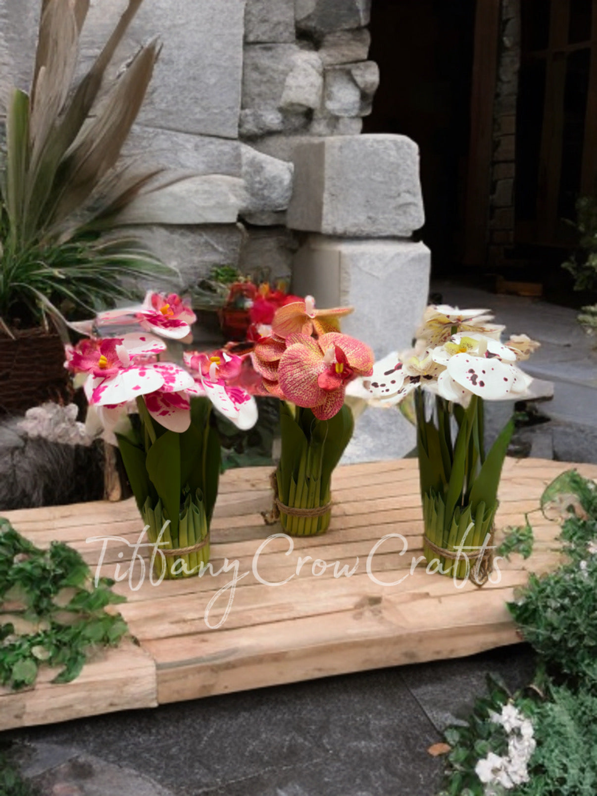 ELEGANT HANDMADE ORCHID BOUQUET - ECO FAUX FLOWERS WITH NATURAL LEAF WRAP