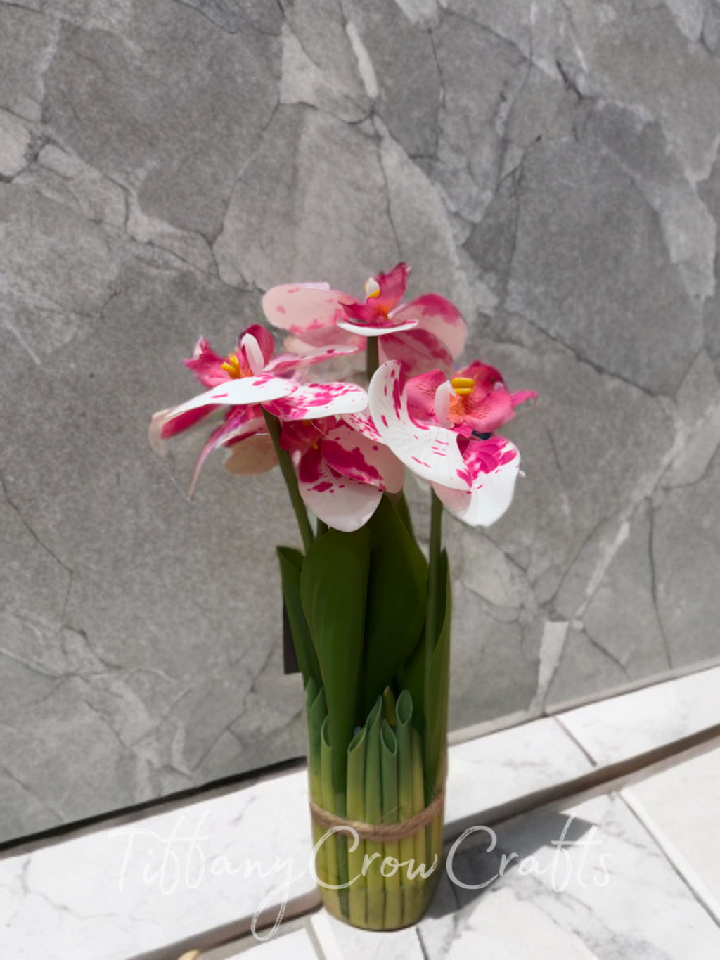 ELEGANT HANDMADE ORCHID BOUQUET - ECO FAUX FLOWERS WITH NATURAL LEAF WRAP