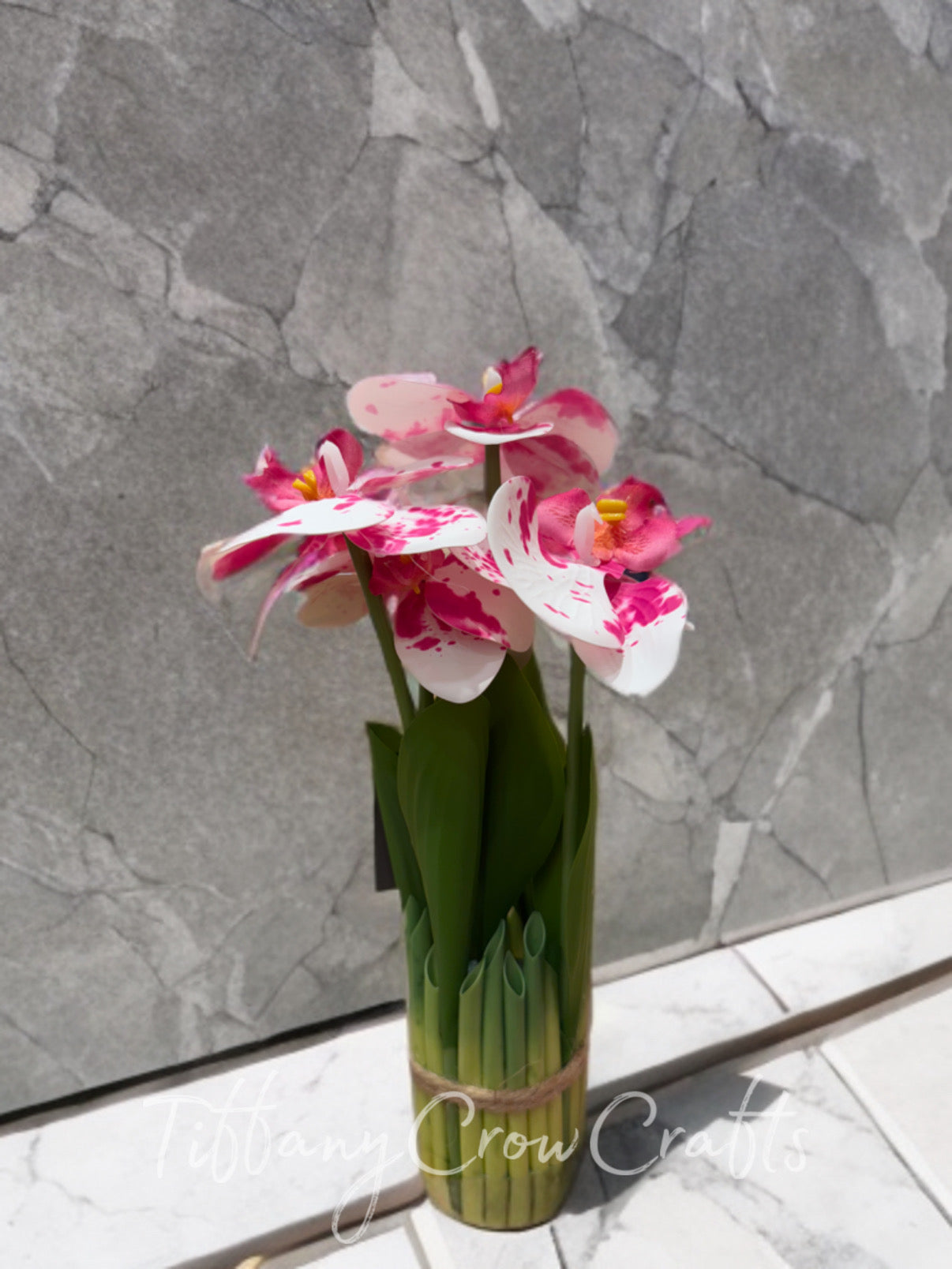 ELEGANT HANDMADE ORCHID BOUQUET - ECO FAUX FLOWERS WITH NATURAL LEAF WRAP