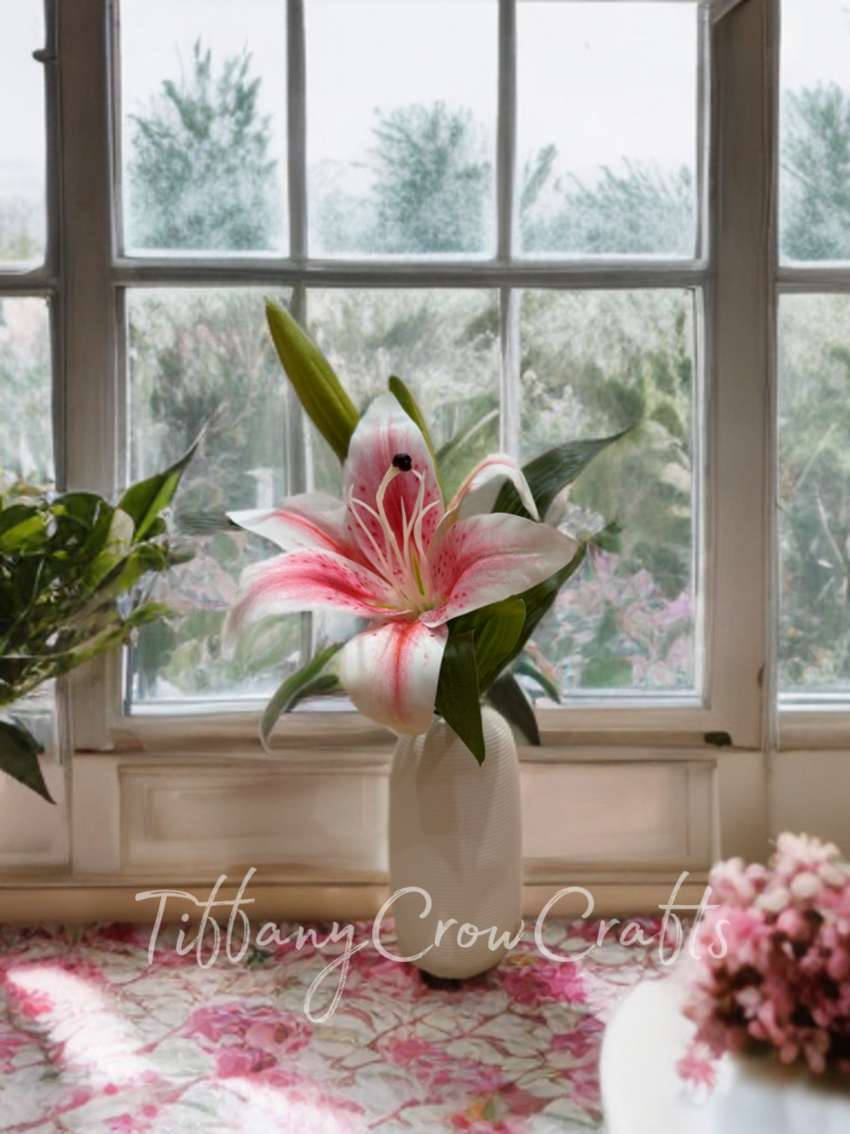 ARTFUL FAUX LILY ARRANGEMENT - HANDCRAFTED CERAMIC VASE CENTERPIECE