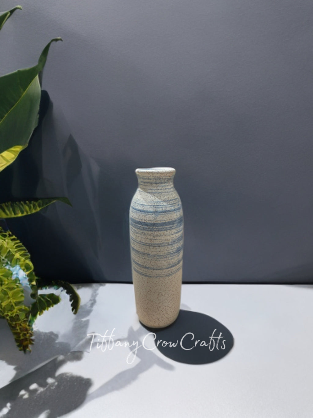 SPECKLED EARTH & AZURE BUD VASE - TEXTURED STRIPE ARTISAN POTTERY